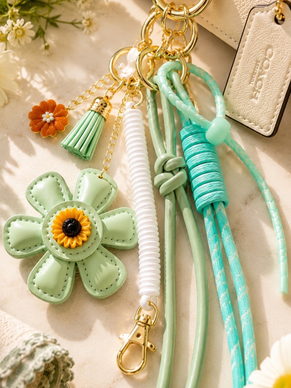 Mint Bloom Cluster Bag Charm | Floral Purse Charm Keychain - Picture 3 of 4